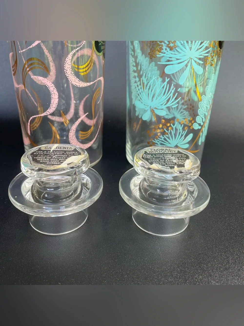 2 Vintage Glass Bubble Bath Bottles  Jars Pink Blue Gold Cloud 9 MCM Lids Labels